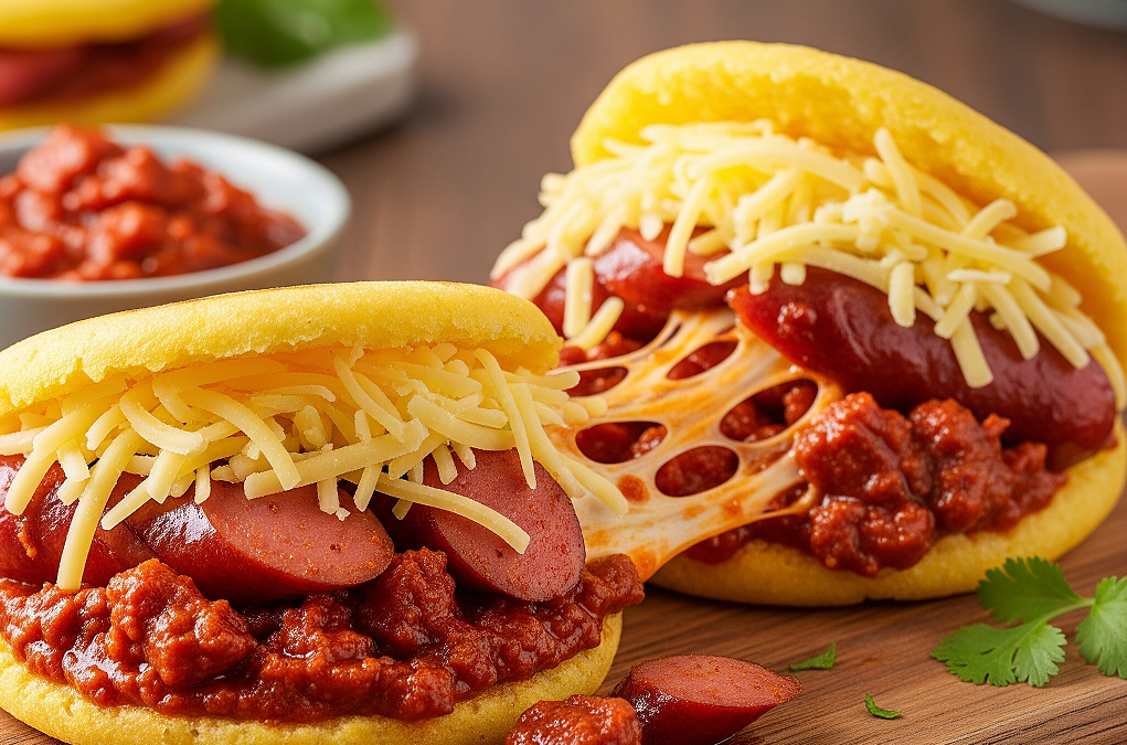 Renueva tus arepas con salchichas en salsa de chorizo y queso amarillo rallado