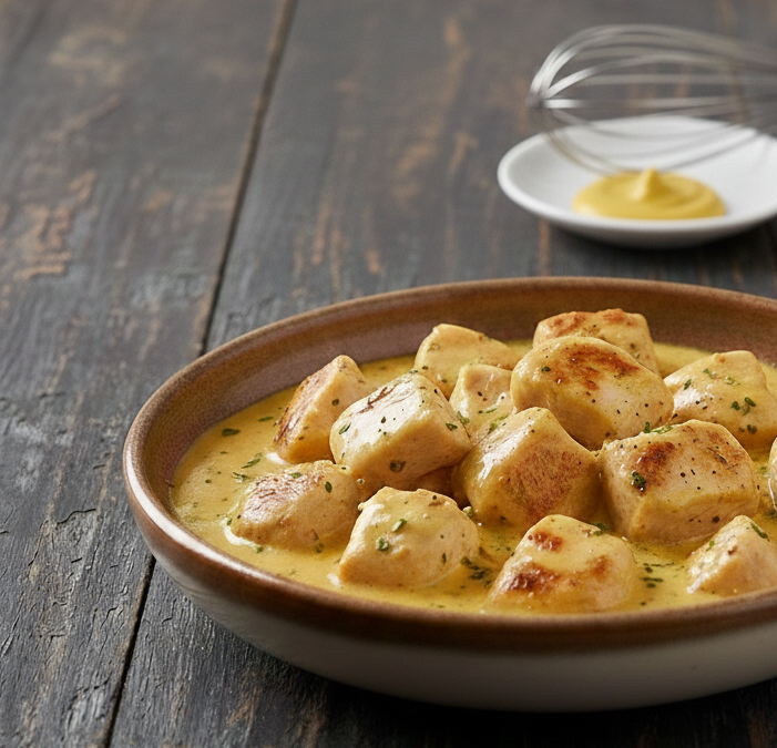 Pollo a la mostaza con crema de leche